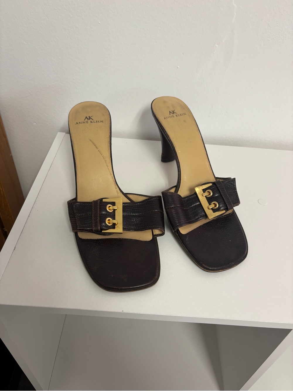 Anne Klein Dark Brown Leather Slide Heels with Gold Buckle Detail